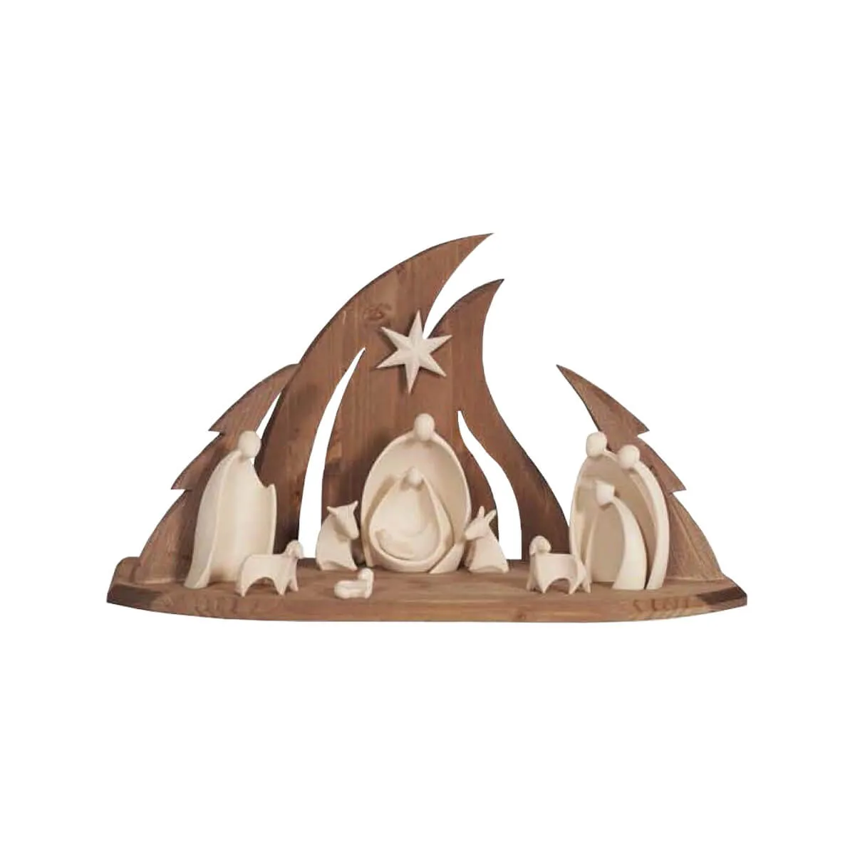Modern Nativity "Ambiente" Design – Wood Waxed – 11 pieces with Stable