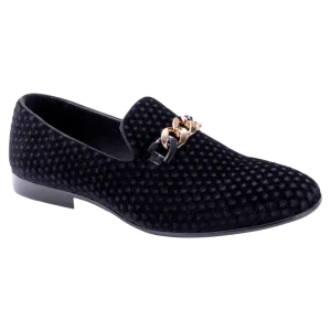 Montique Men's Black Velvet Material Slip-on Shoe Gold Chain Fashion Design Loafers