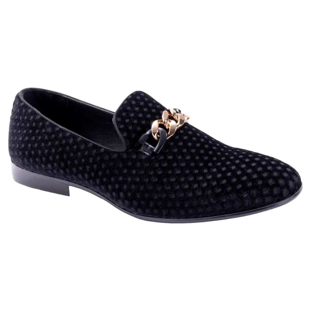 Montique Men's Black Velvet Material Slip-on Shoe Gold Chain Fashion Design Loafers