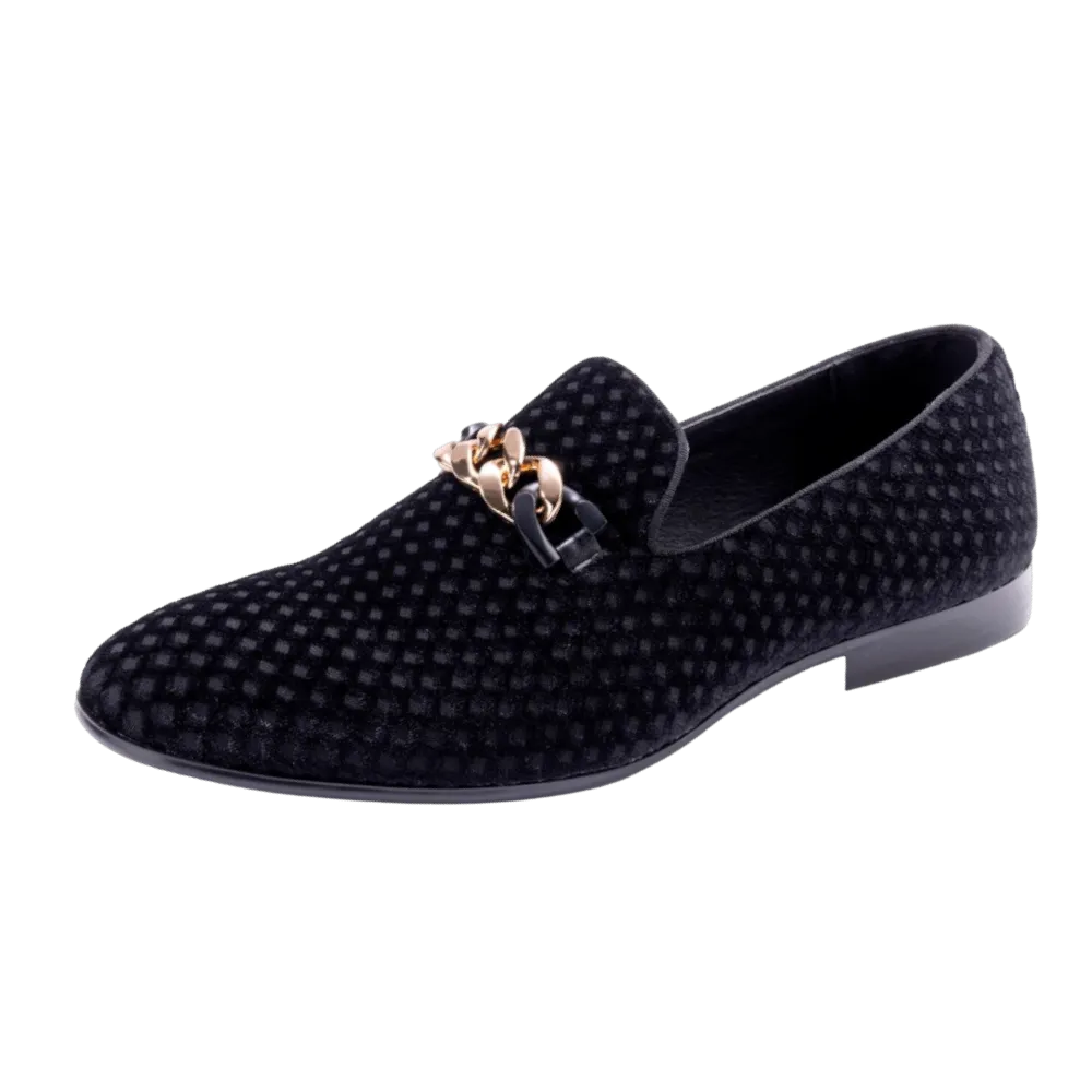 Montique Men's Black Velvet Material Slip-on Shoe Gold Chain Fashion Design Loafers