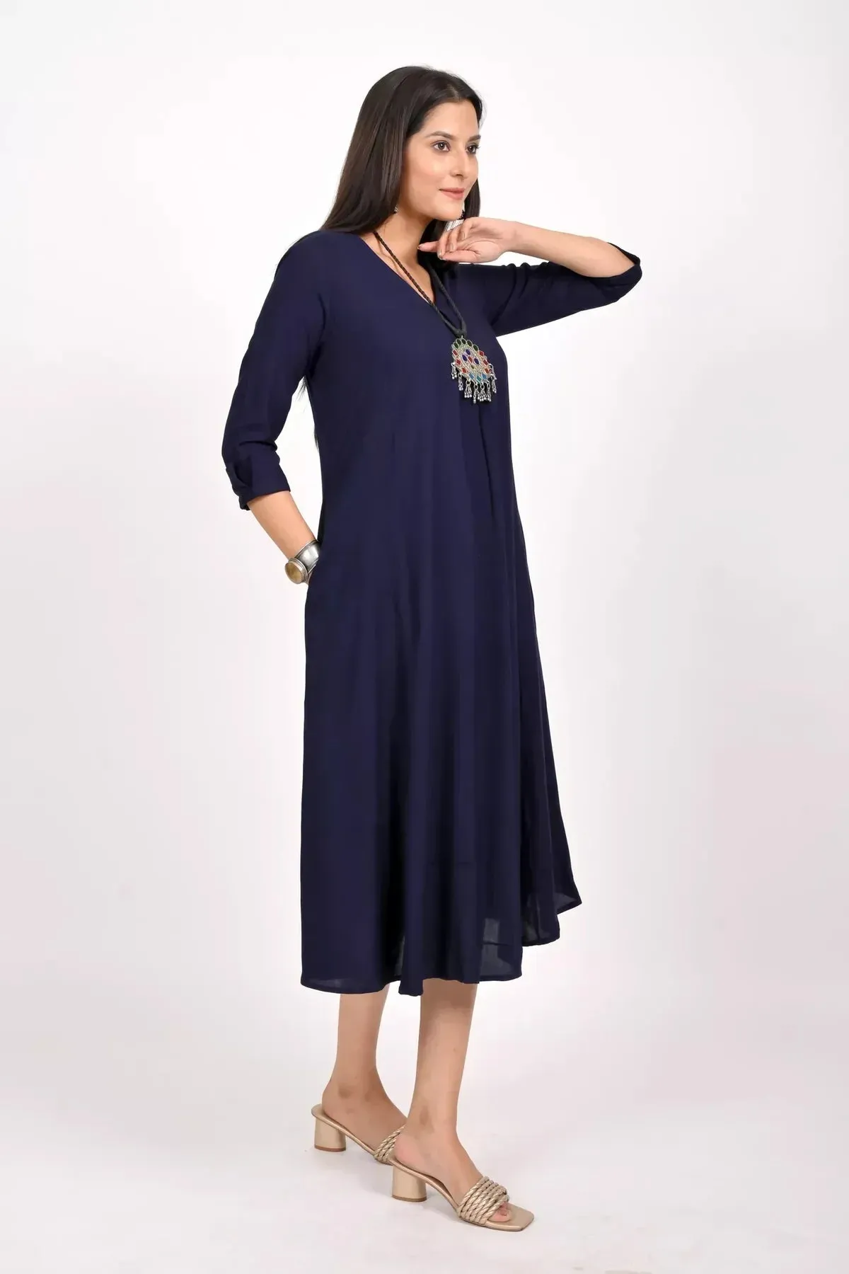 NAVY BLUE BOX PLEATED LONG DRESS