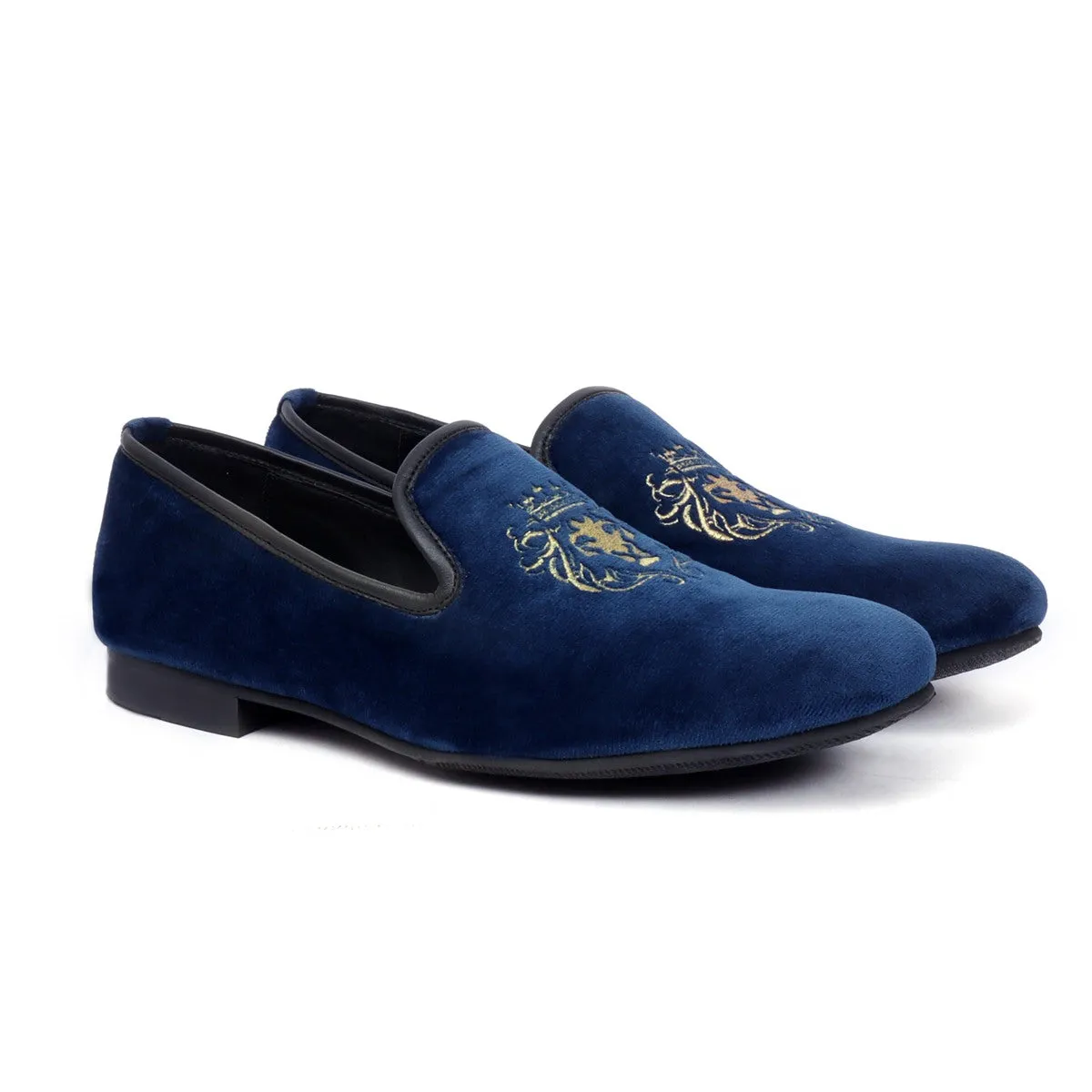 Navy Blue/Golden Lion King Embroidery Velvet Slip-On By Brune & Bareskin