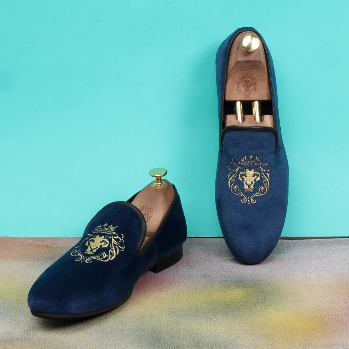 Navy Blue/Golden Lion King Embroidery Velvet Slip-On By Brune & Bareskin