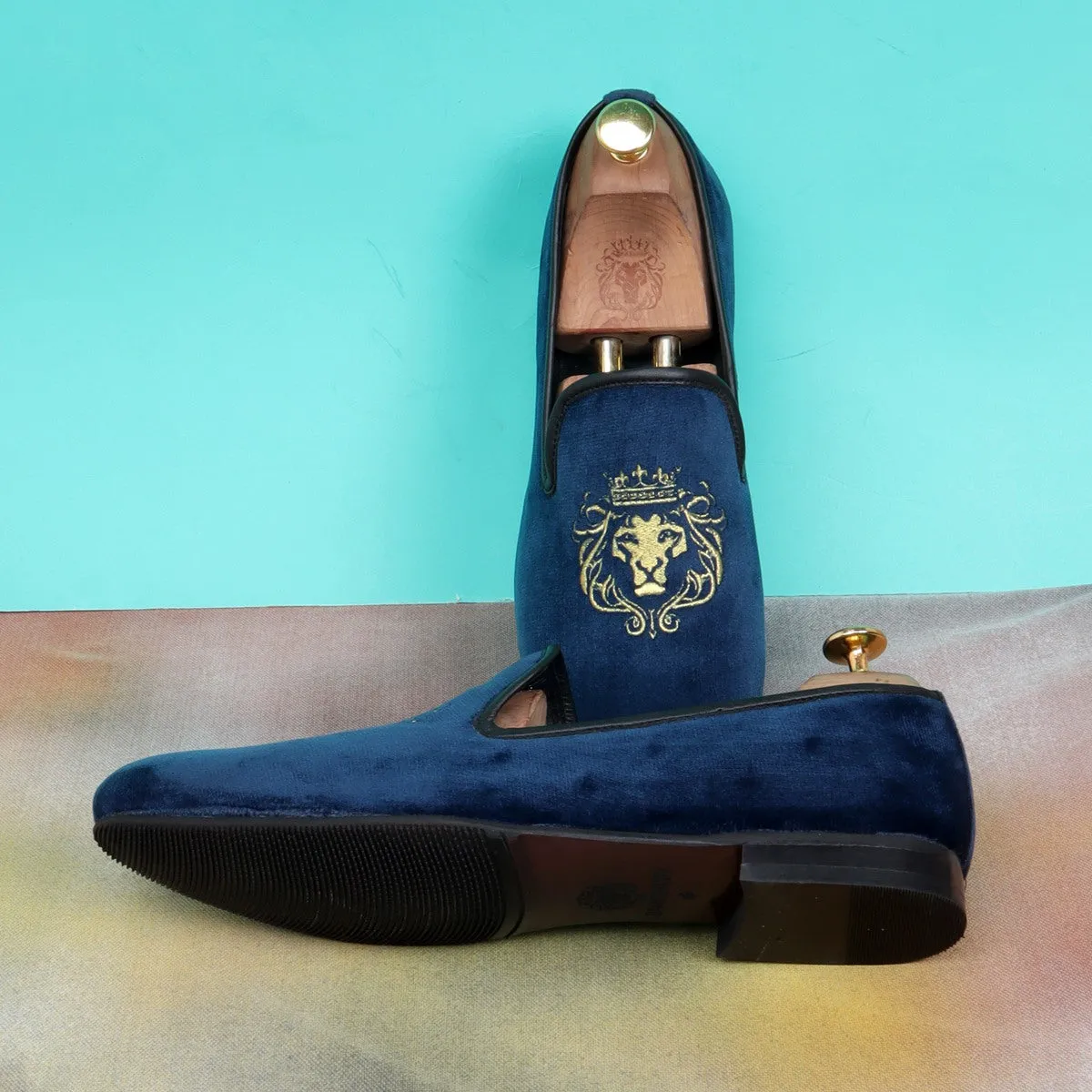 Navy Blue/Golden Lion King Embroidery Velvet Slip-On By Brune & Bareskin