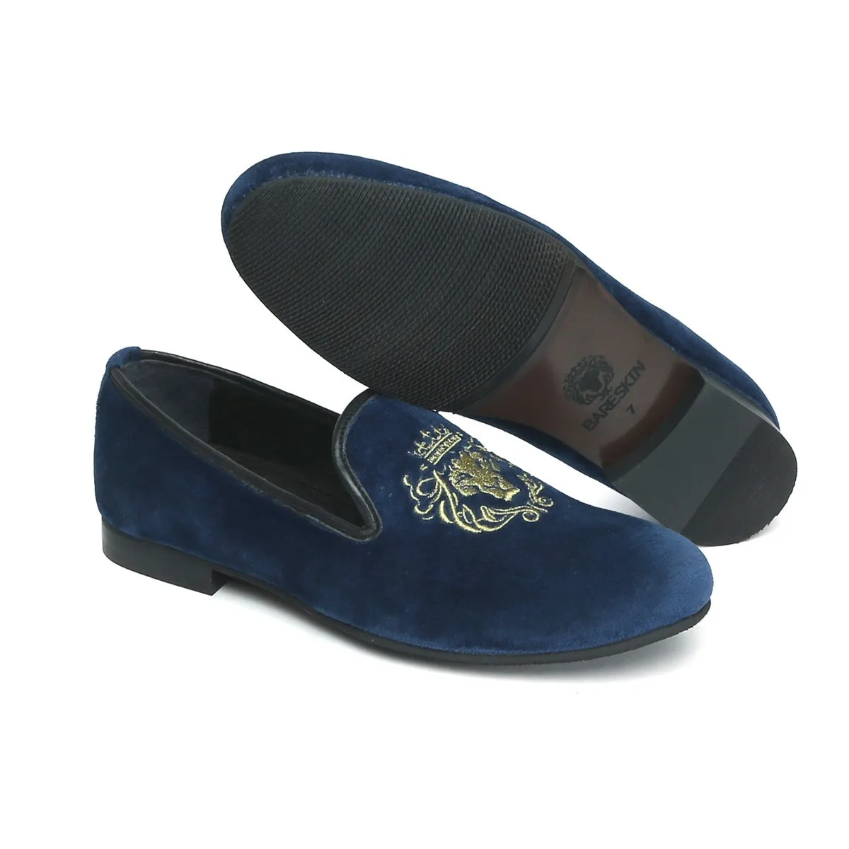 Navy Blue/Golden Lion King Embroidery Velvet Slip-On By Brune & Bareskin