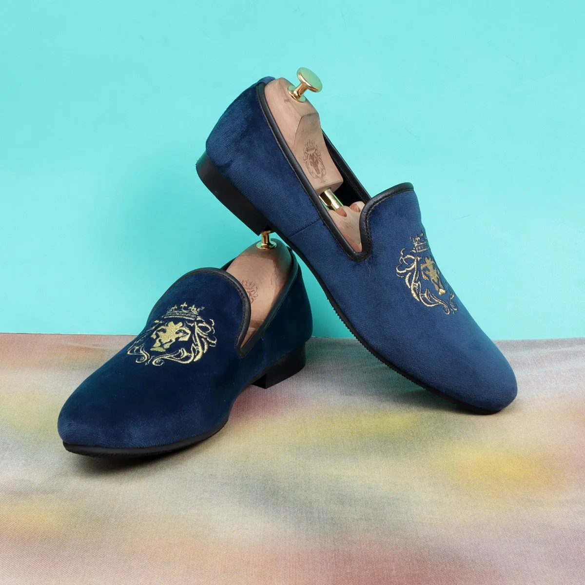 Navy Blue/Golden Lion King Embroidery Velvet Slip-On By Brune & Bareskin