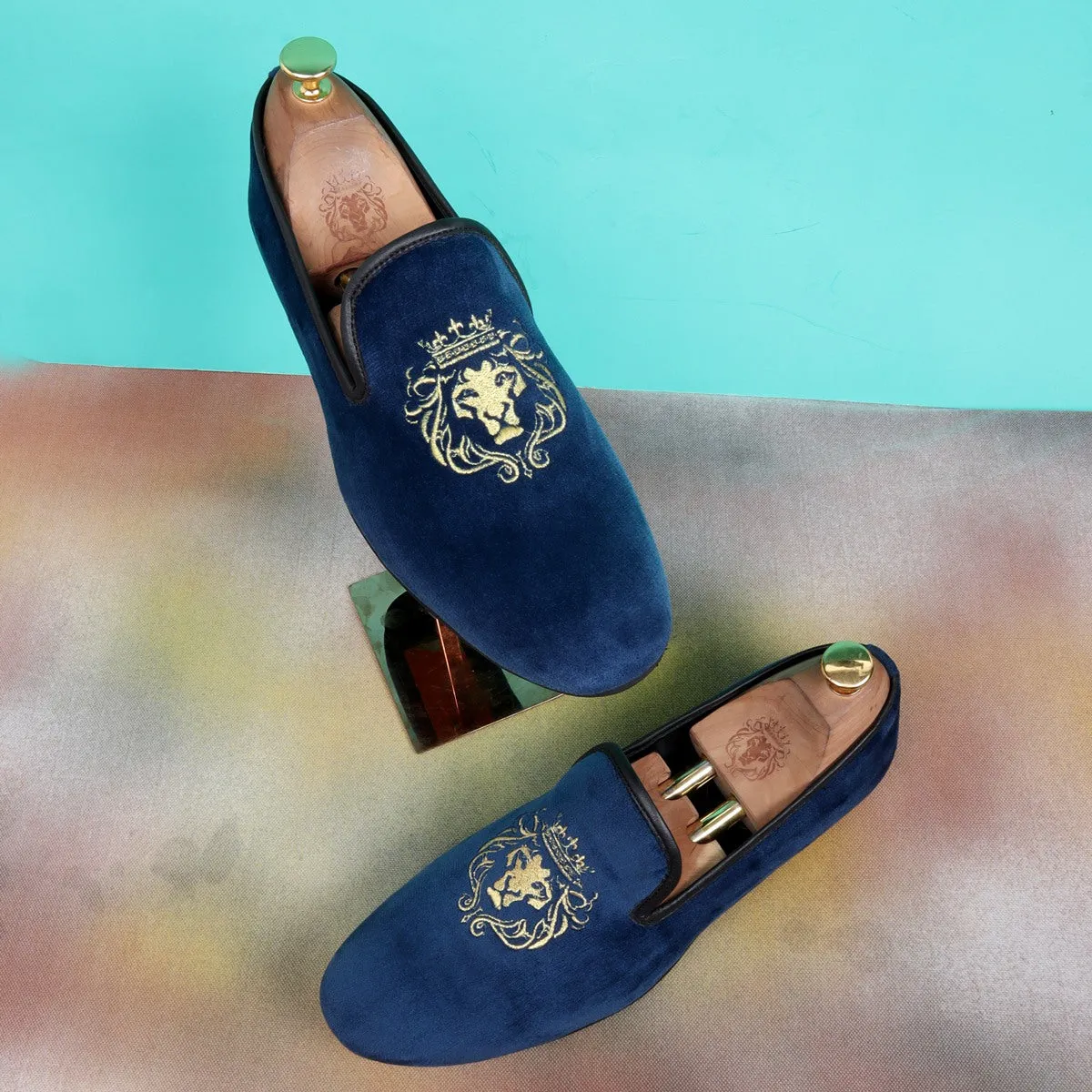 Navy Blue/Golden Lion King Embroidery Velvet Slip-On By Brune & Bareskin