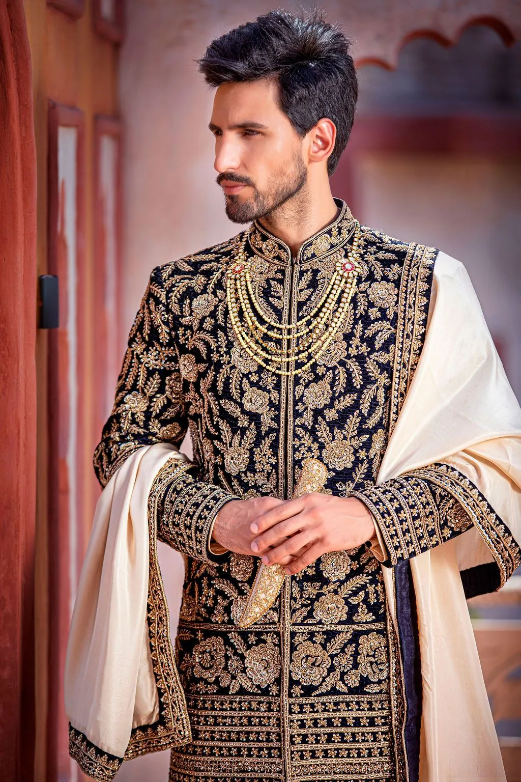 Navy Velvet Sherwani with Chaga