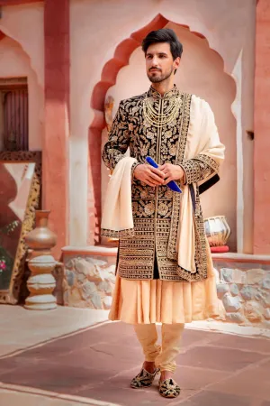 Navy Velvet Sherwani with Chaga