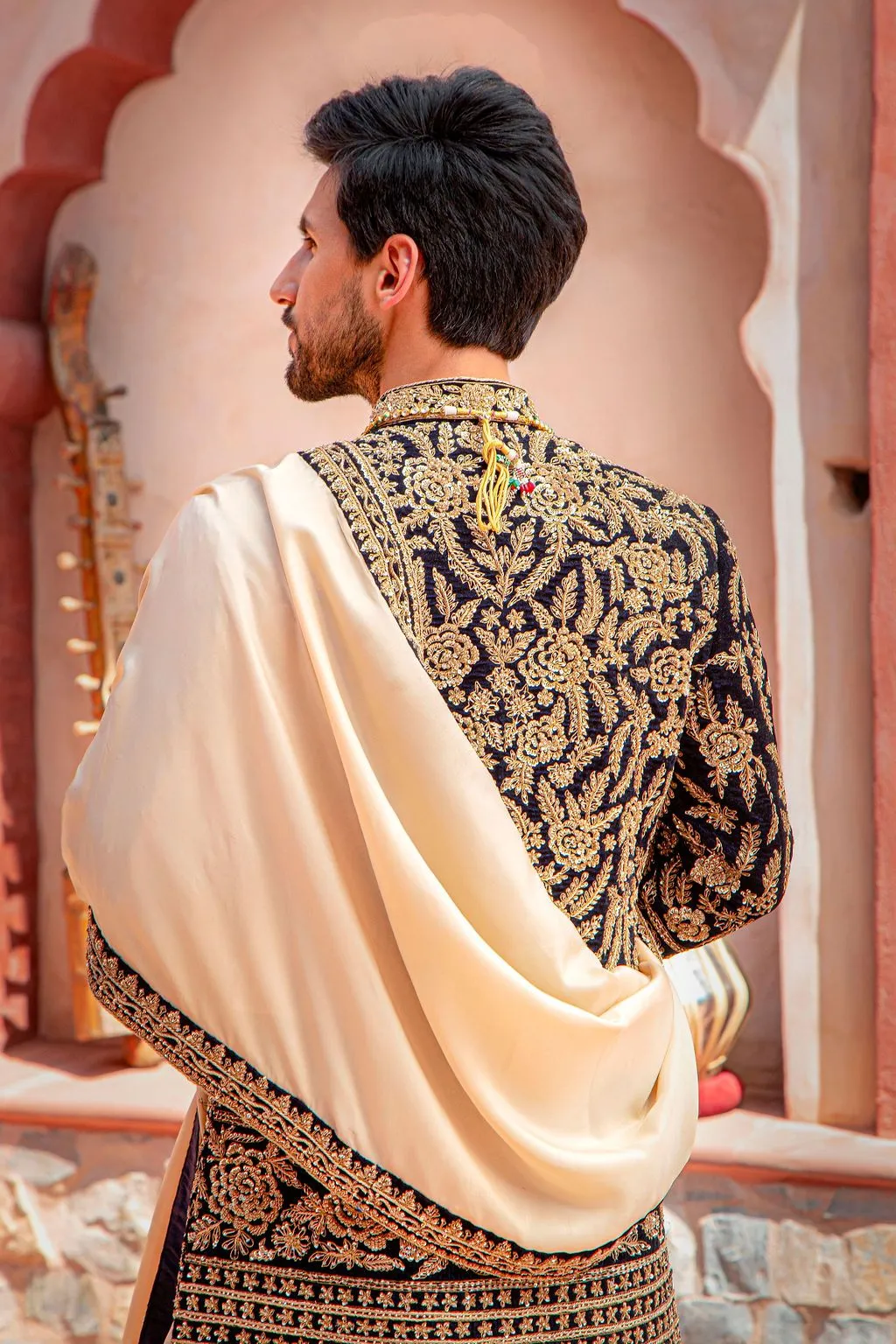 Navy Velvet Sherwani with Chaga