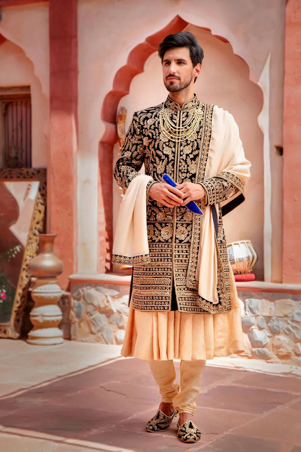 Navy Velvet Sherwani with Chaga