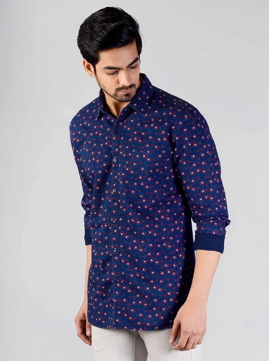 Night Blue Printed Slim Fit Casual Shirt | JadeBlue
