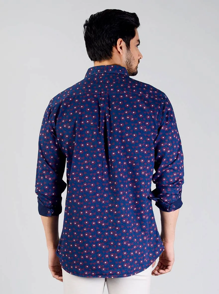 Night Blue Printed Slim Fit Casual Shirt | JadeBlue