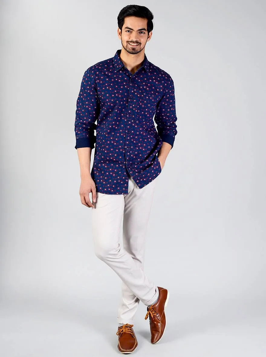 Night Blue Printed Slim Fit Casual Shirt | JadeBlue
