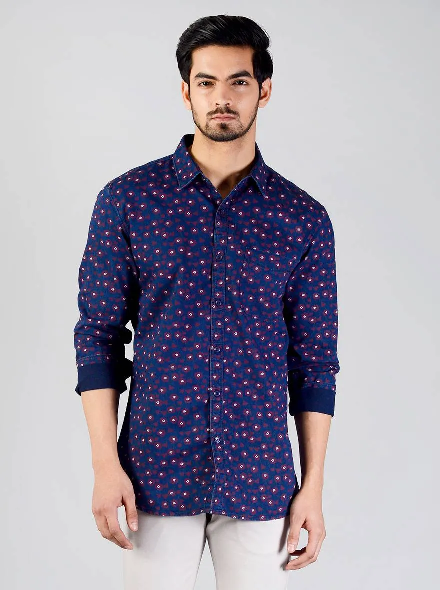Night Blue Printed Slim Fit Casual Shirt | JadeBlue