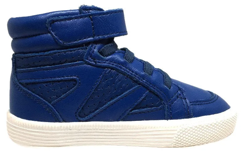Old Soles Boy's and Girl's Star Jumper Cobalt Blue Leather Elastic Lace Hook and Loop High Top Sneaker