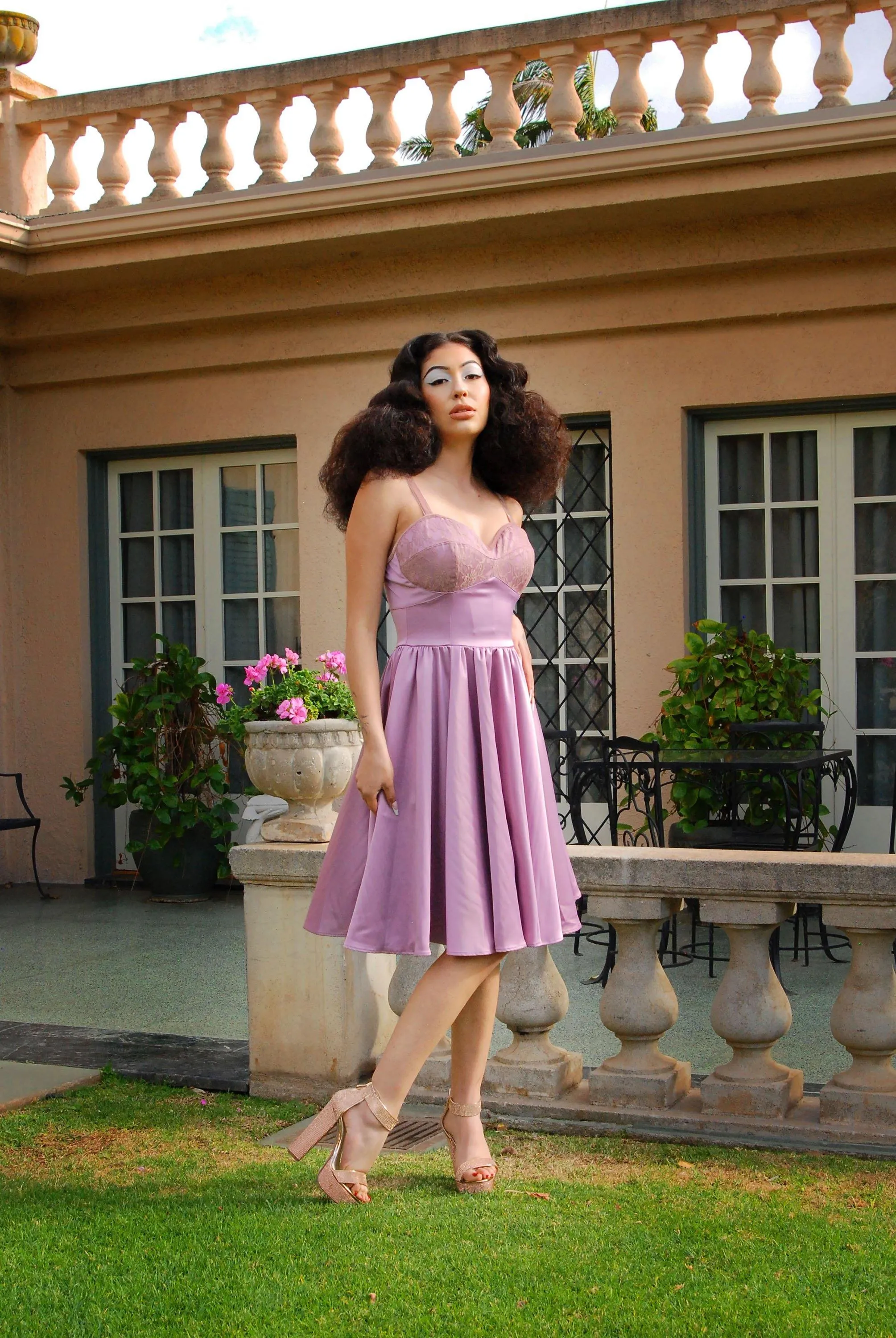OYS - Final Sale - Courtney Vintage Swing Dress in Orchid Stretch Satin | Pinup Couture
