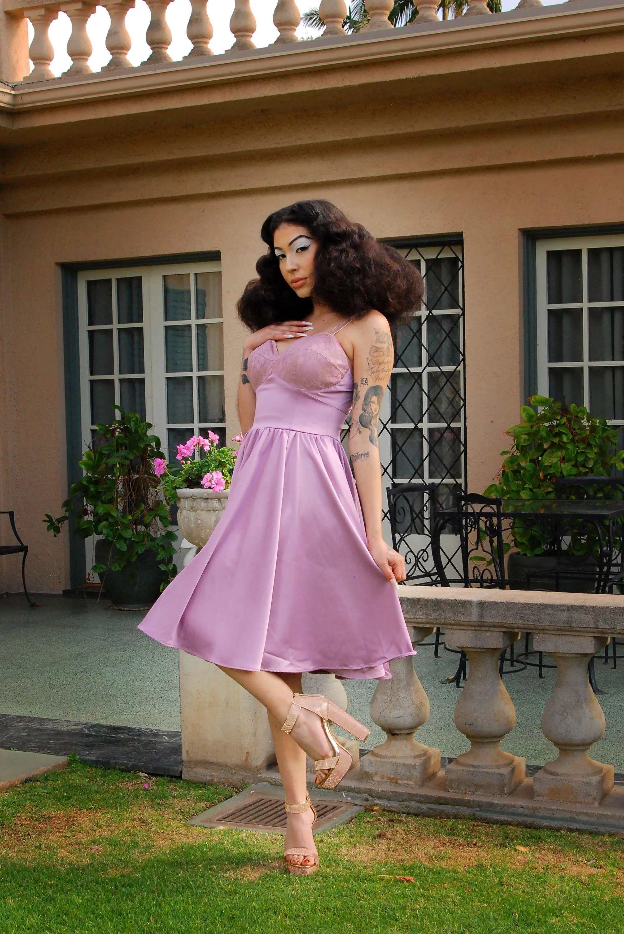 OYS - Final Sale - Courtney Vintage Swing Dress in Orchid Stretch Satin | Pinup Couture