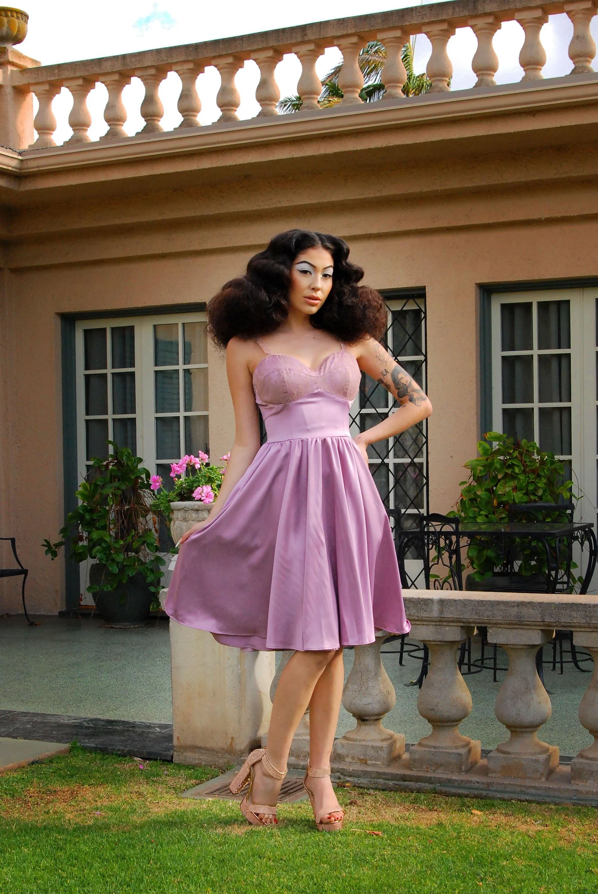 OYS - Final Sale - Courtney Vintage Swing Dress in Orchid Stretch Satin | Pinup Couture