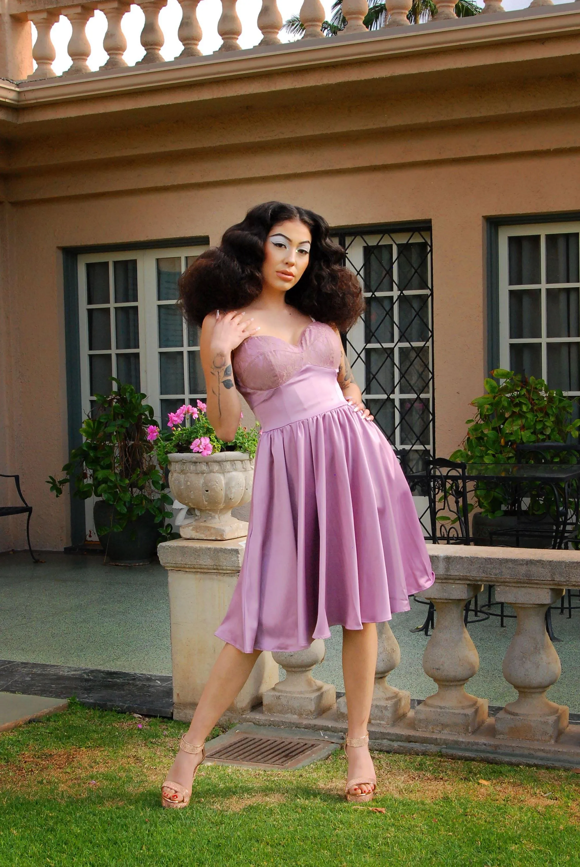 OYS - Final Sale - Courtney Vintage Swing Dress in Orchid Stretch Satin | Pinup Couture
