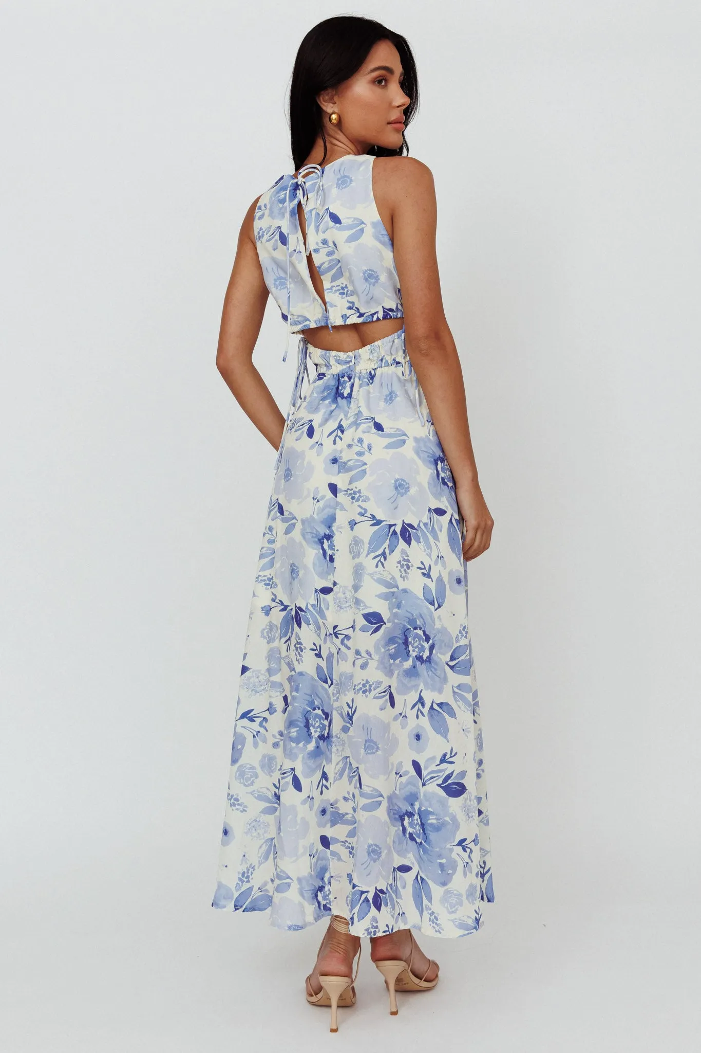 Perla V-Neck Drawstring Maxi Dress Floral Blue
