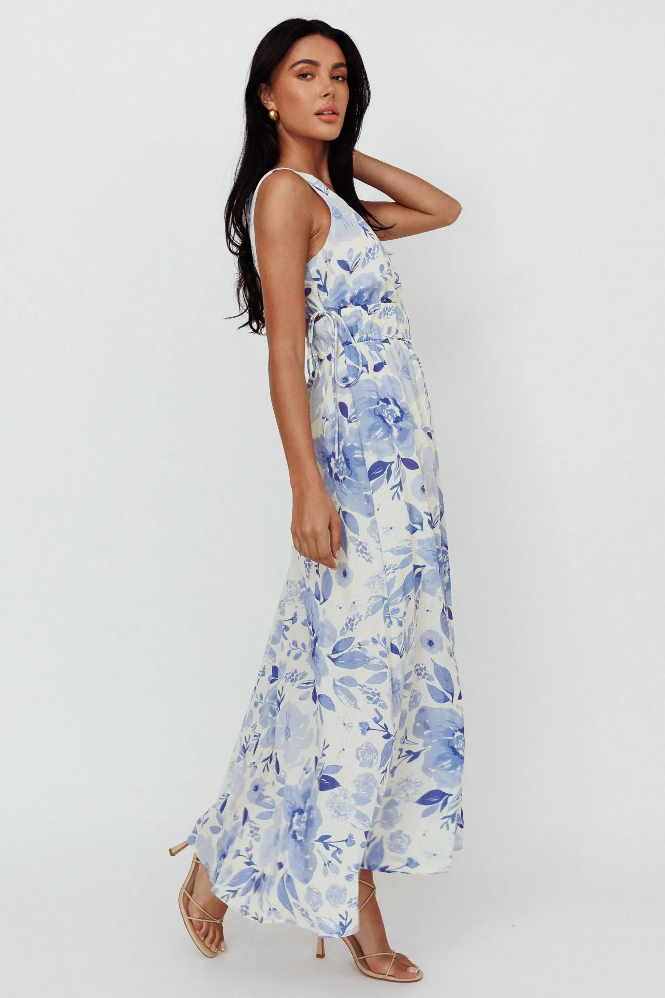 Perla V-Neck Drawstring Maxi Dress Floral Blue
