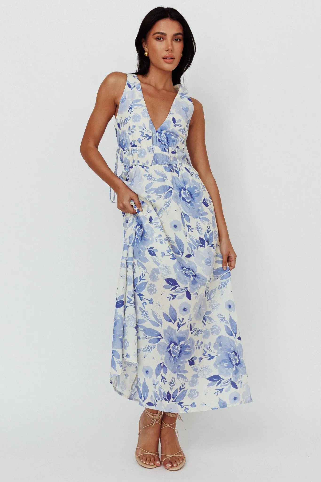 Perla V-Neck Drawstring Maxi Dress Floral Blue