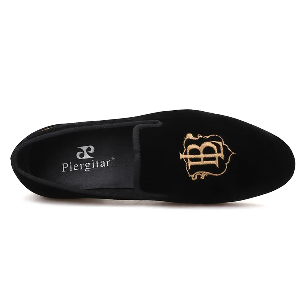Piergitar Velvet Loafers with Gold LB Embroidery