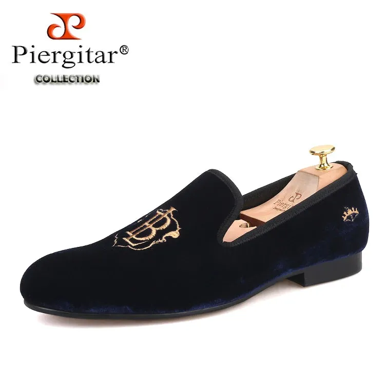 Piergitar Velvet Loafers with Gold LB Embroidery