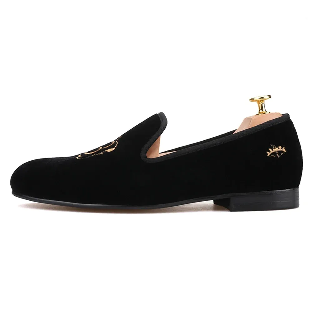 Piergitar Velvet Loafers with Gold LB Embroidery