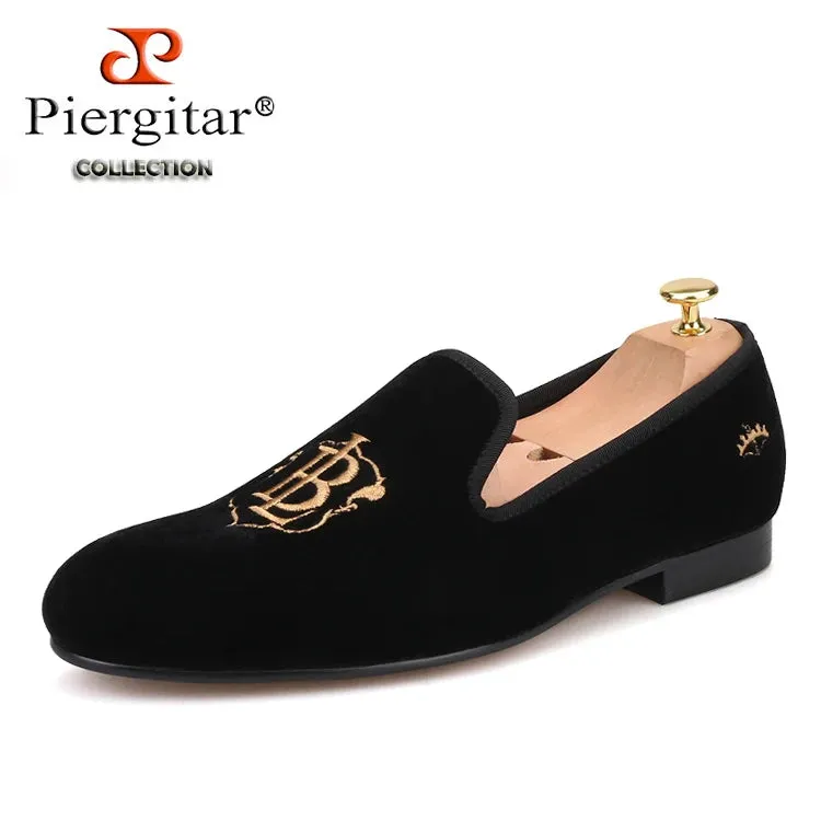 Piergitar Velvet Loafers with Gold LB Embroidery