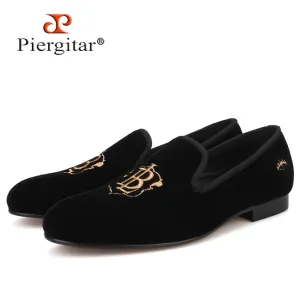 Piergitar Velvet Loafers with Gold LB Embroidery
