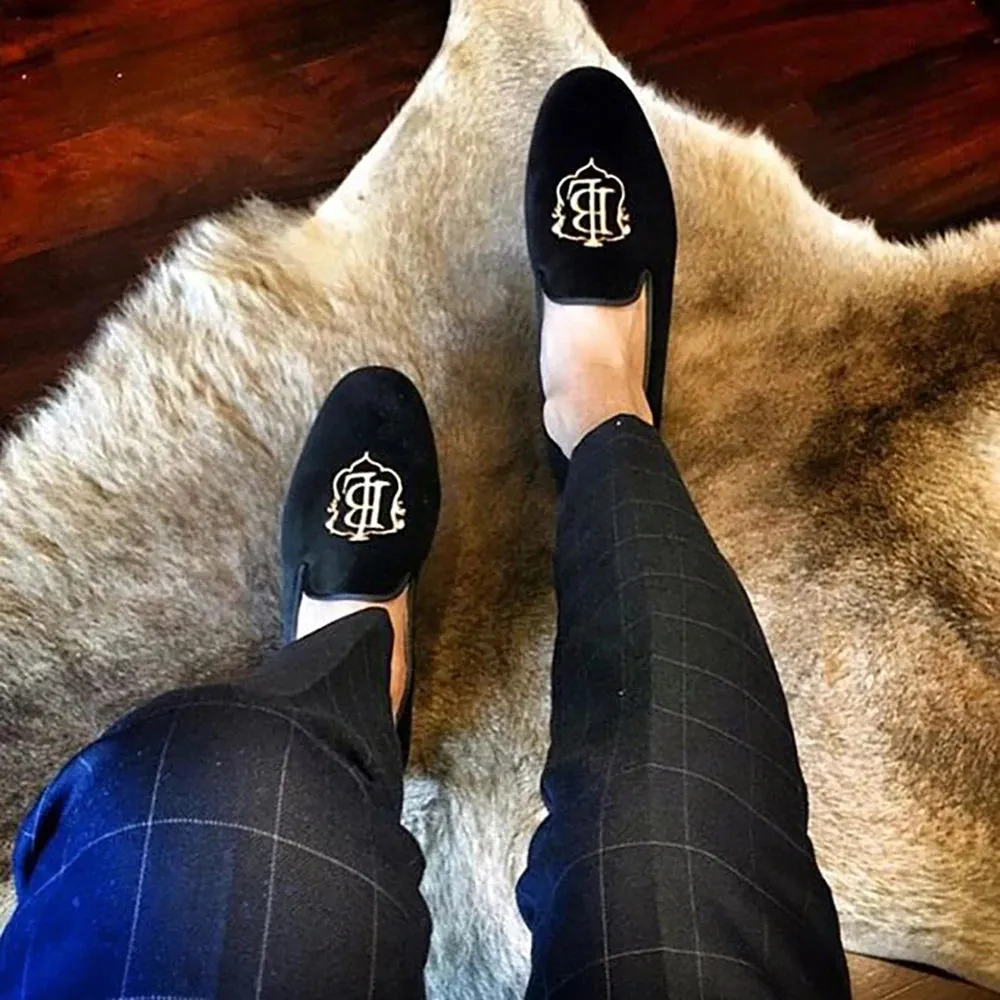 Piergitar Velvet Loafers with Gold LB Embroidery