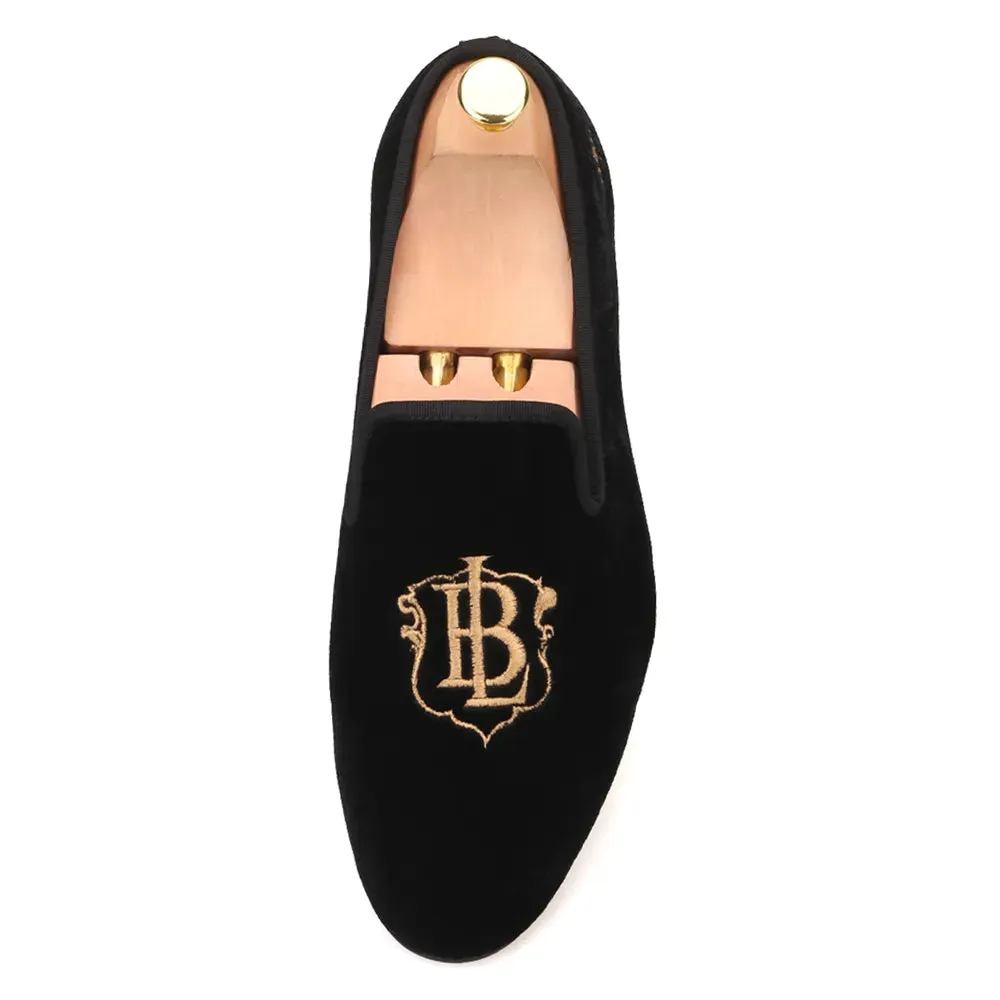 Piergitar Velvet Loafers with Gold LB Embroidery