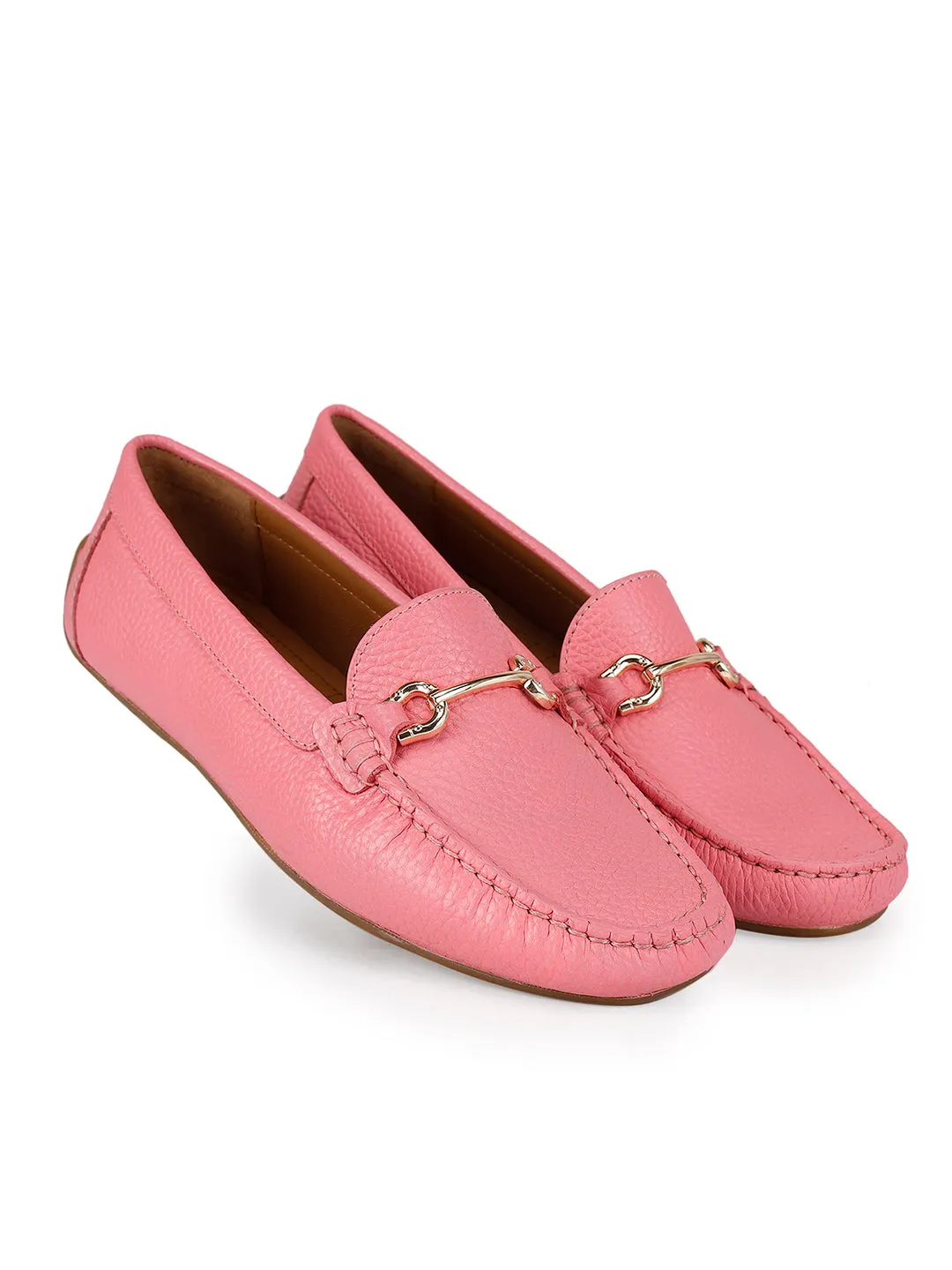 Pink Leather Moccasins With Buckle