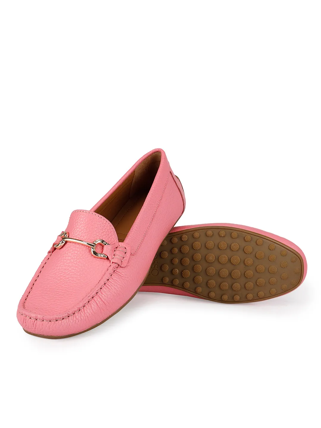 Pink Leather Moccasins With Buckle