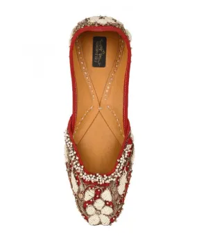 Pixie - Red Embroidered Silk & Leather Juttis