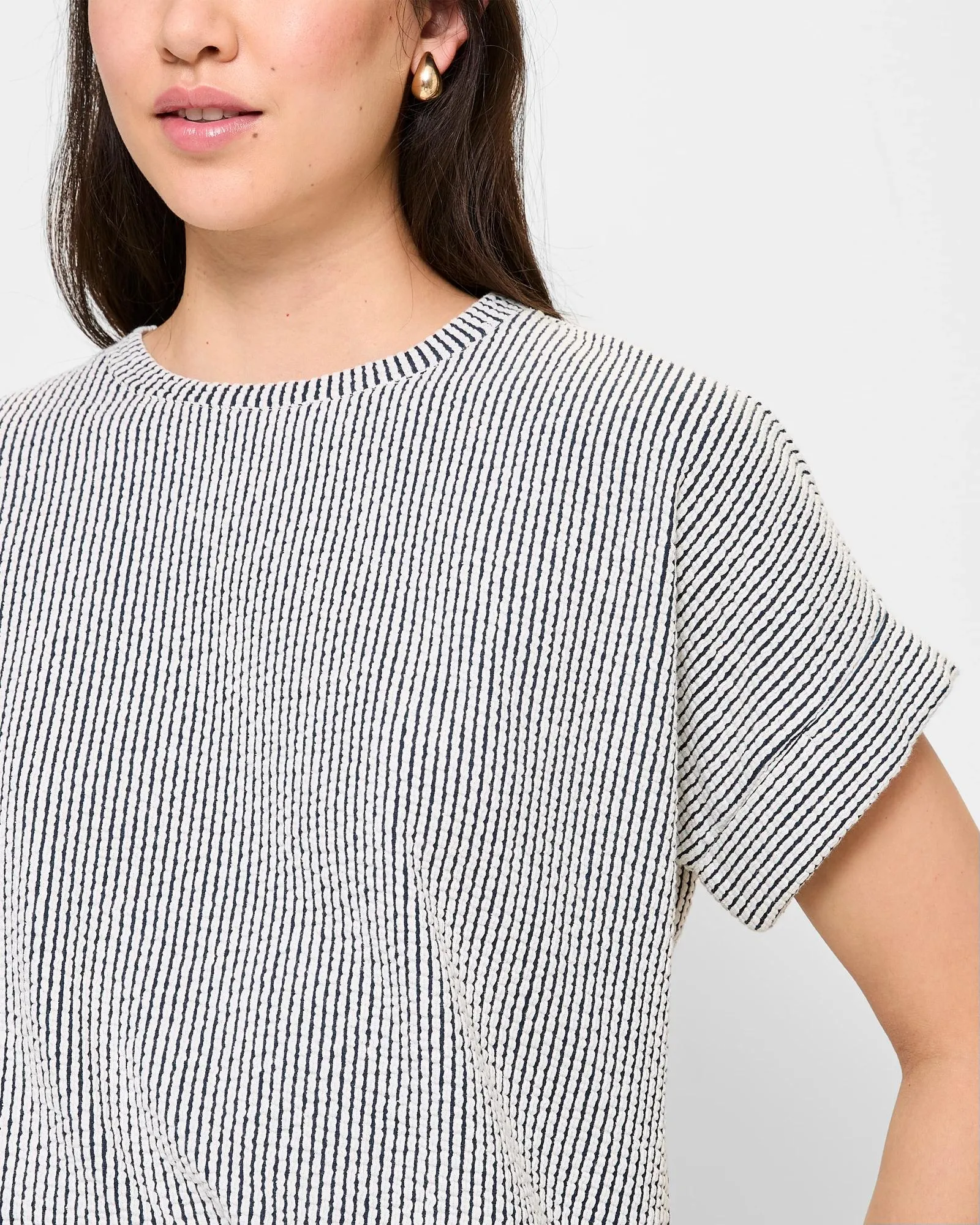 popular  Australian Cotton Blend Textured Boxy T-Shirt - Black / White Stripe