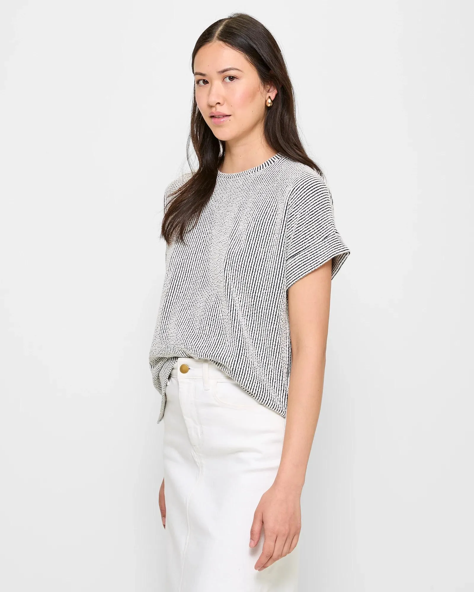 popular  Australian Cotton Blend Textured Boxy T-Shirt - Black / White Stripe