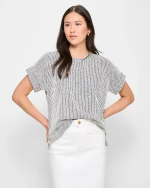 popular  Australian Cotton Blend Textured Boxy T-Shirt - Black / White Stripe