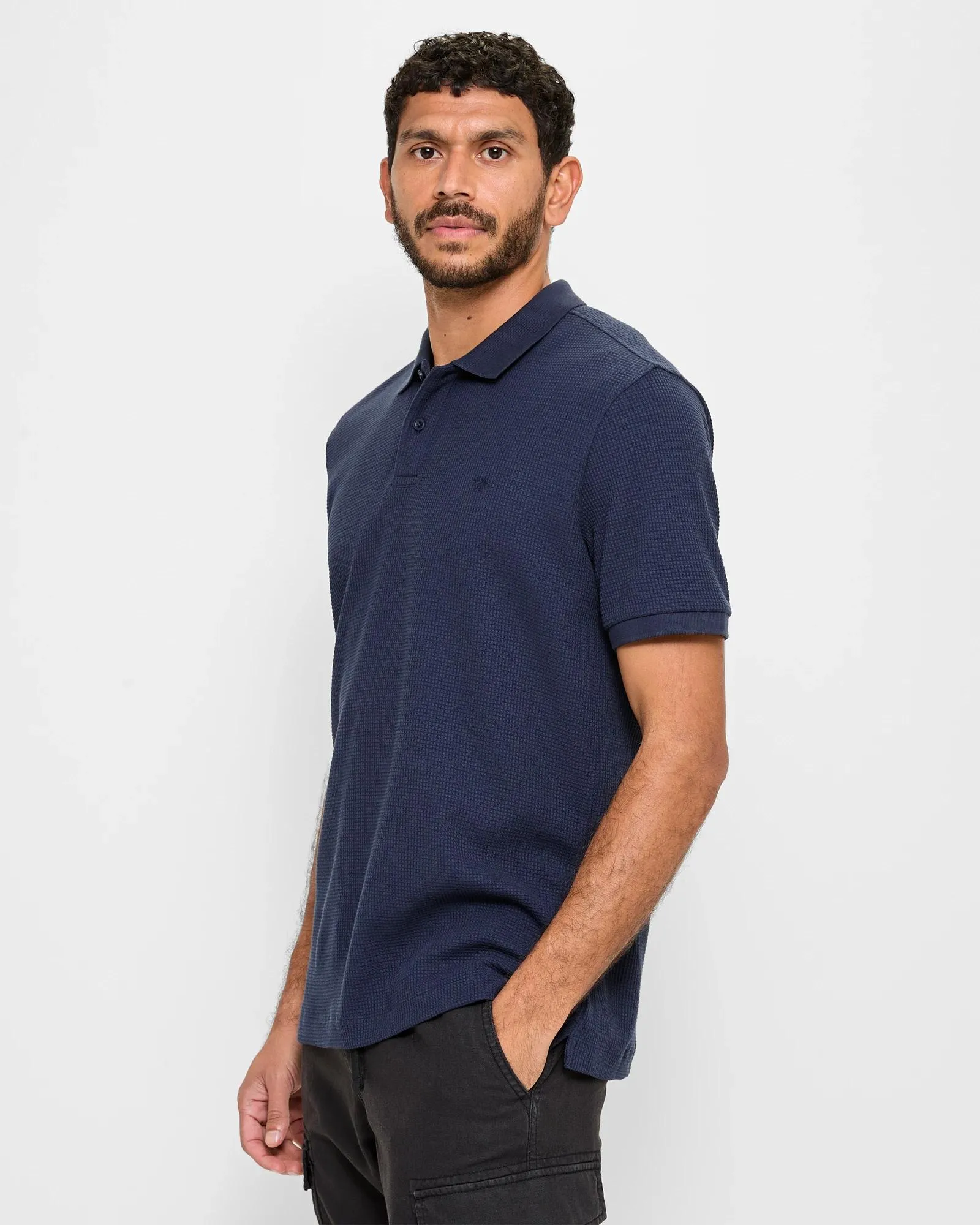 popular  Australian Cotton Blend Waffle Polo Top - Navy Blue