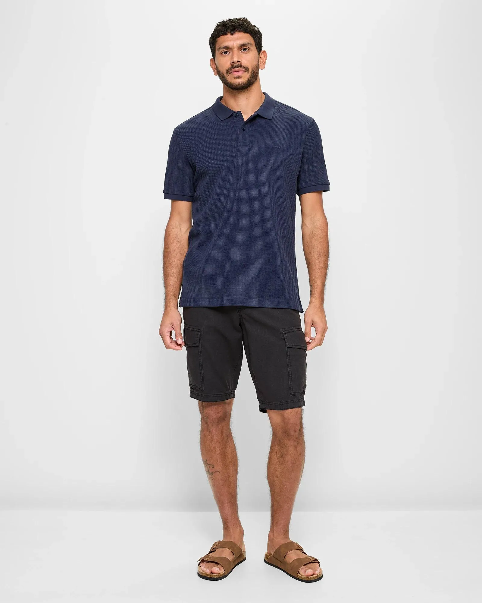 popular  Australian Cotton Blend Waffle Polo Top - Navy Blue