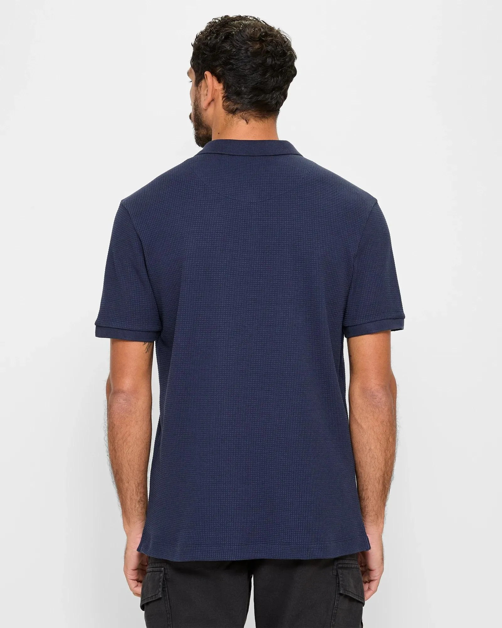 popular  Australian Cotton Blend Waffle Polo Top - Navy Blue