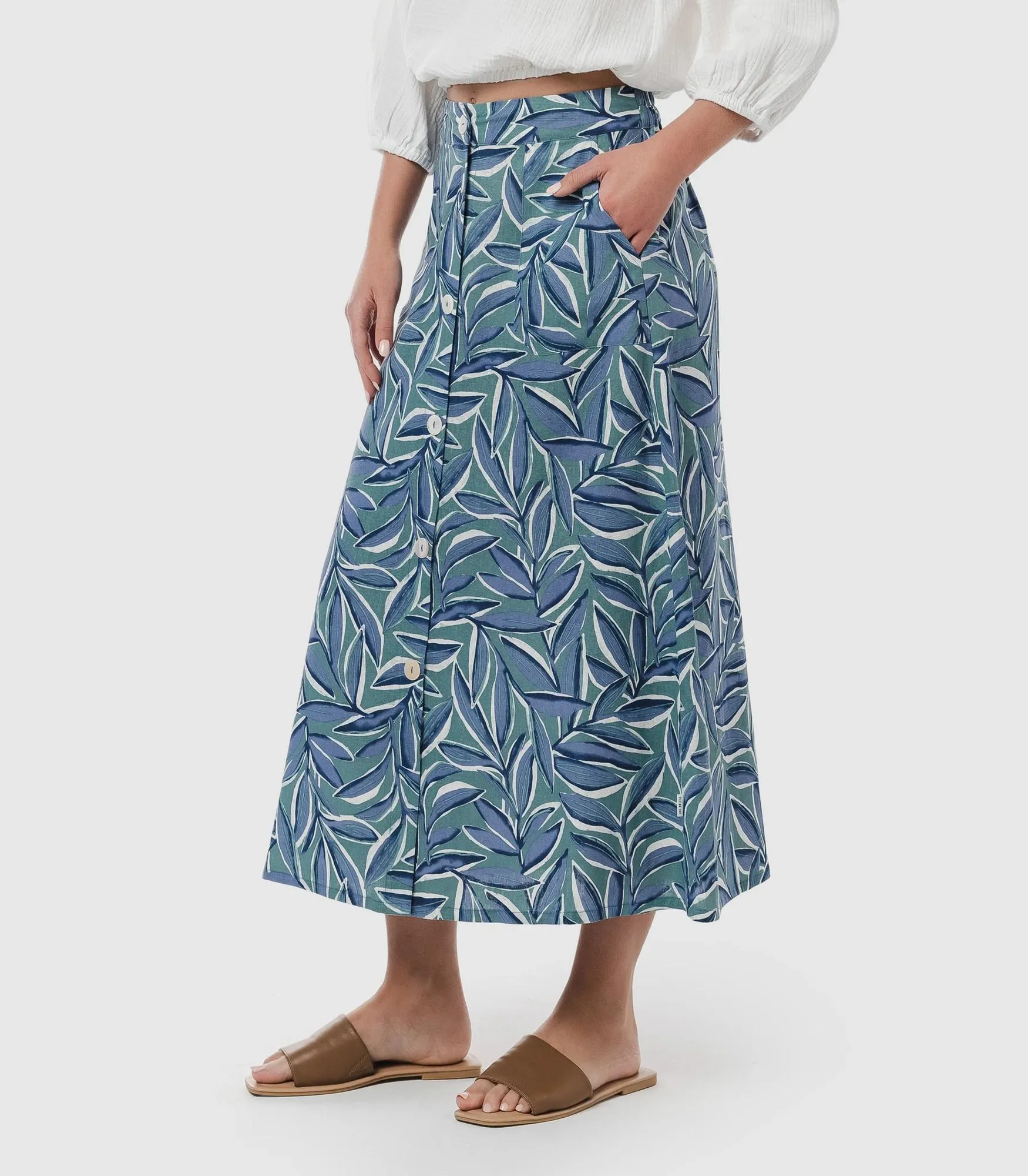 popular  Linen Blend Button Through Midi Skirt - Piping Hot