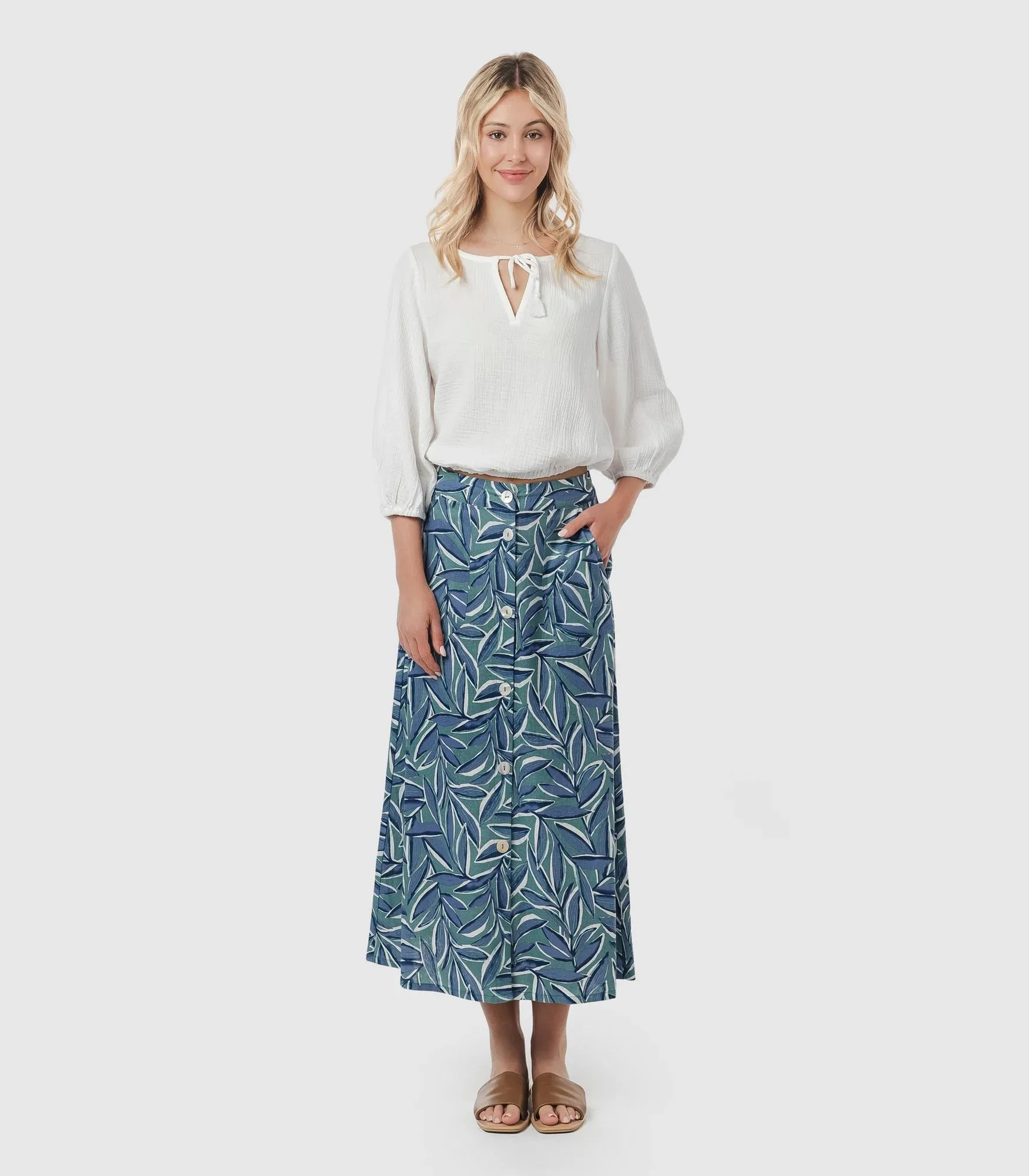 popular  Linen Blend Button Through Midi Skirt - Piping Hot