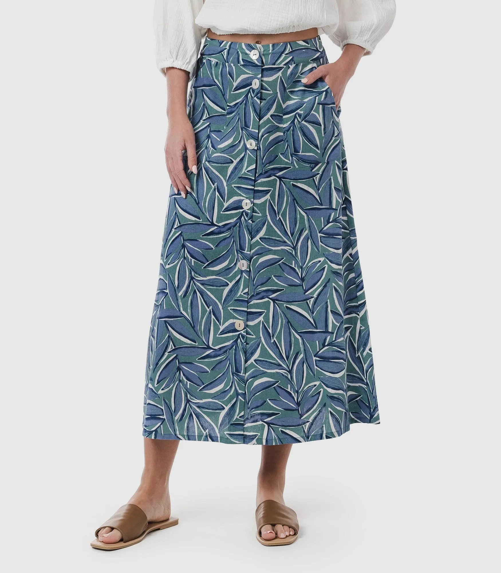 popular  Linen Blend Button Through Midi Skirt - Piping Hot