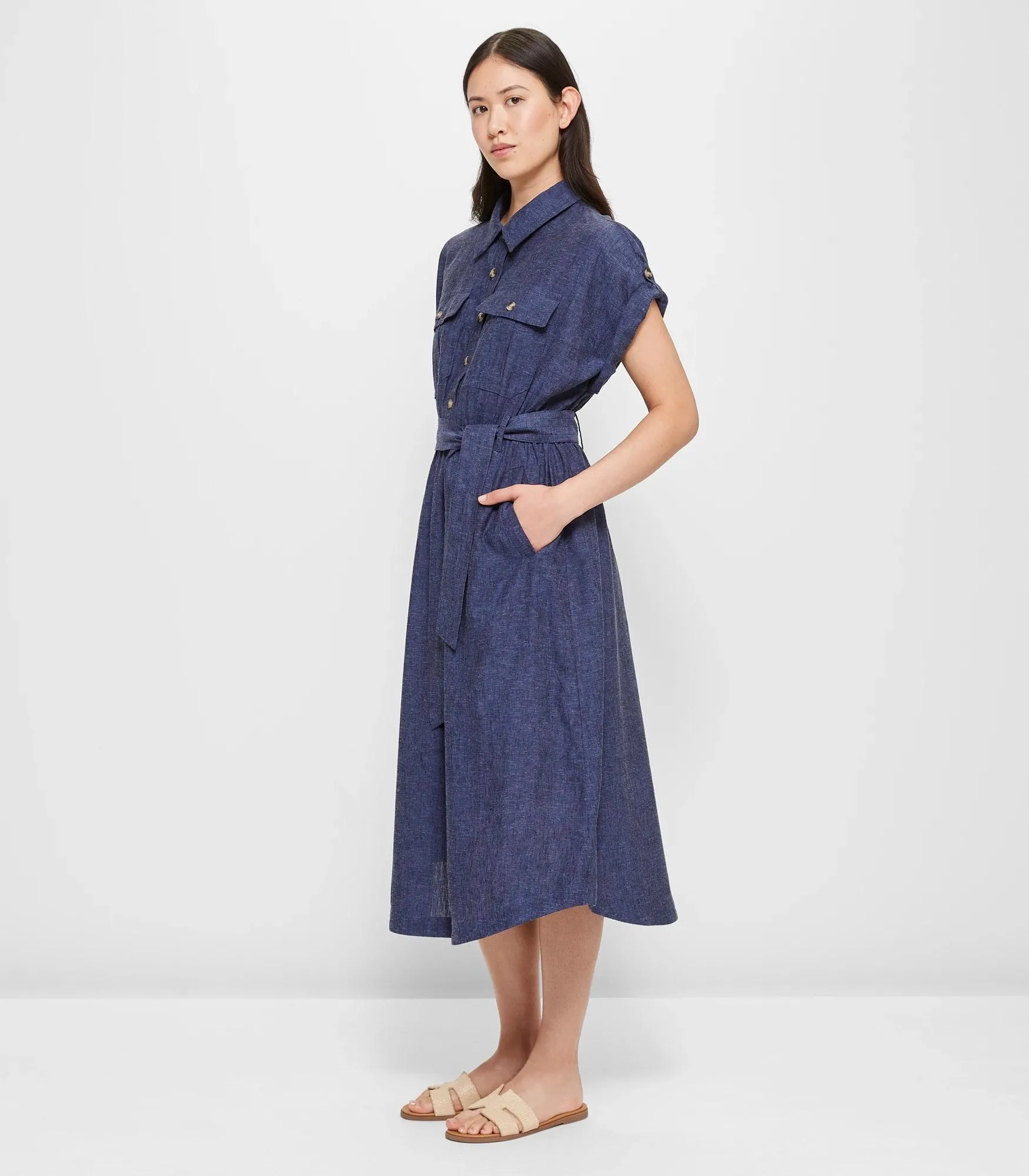 popular  Linen Blend Utility Midi Dress - Navy Cross Dye