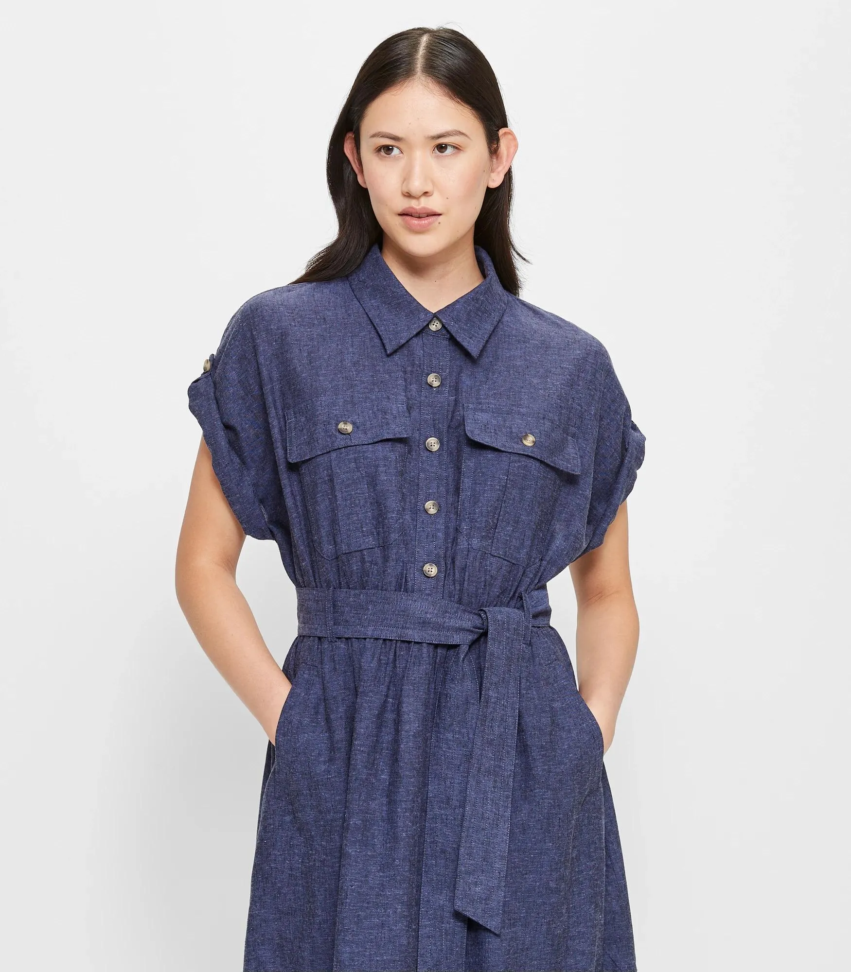 popular  Linen Blend Utility Midi Dress - Navy Cross Dye