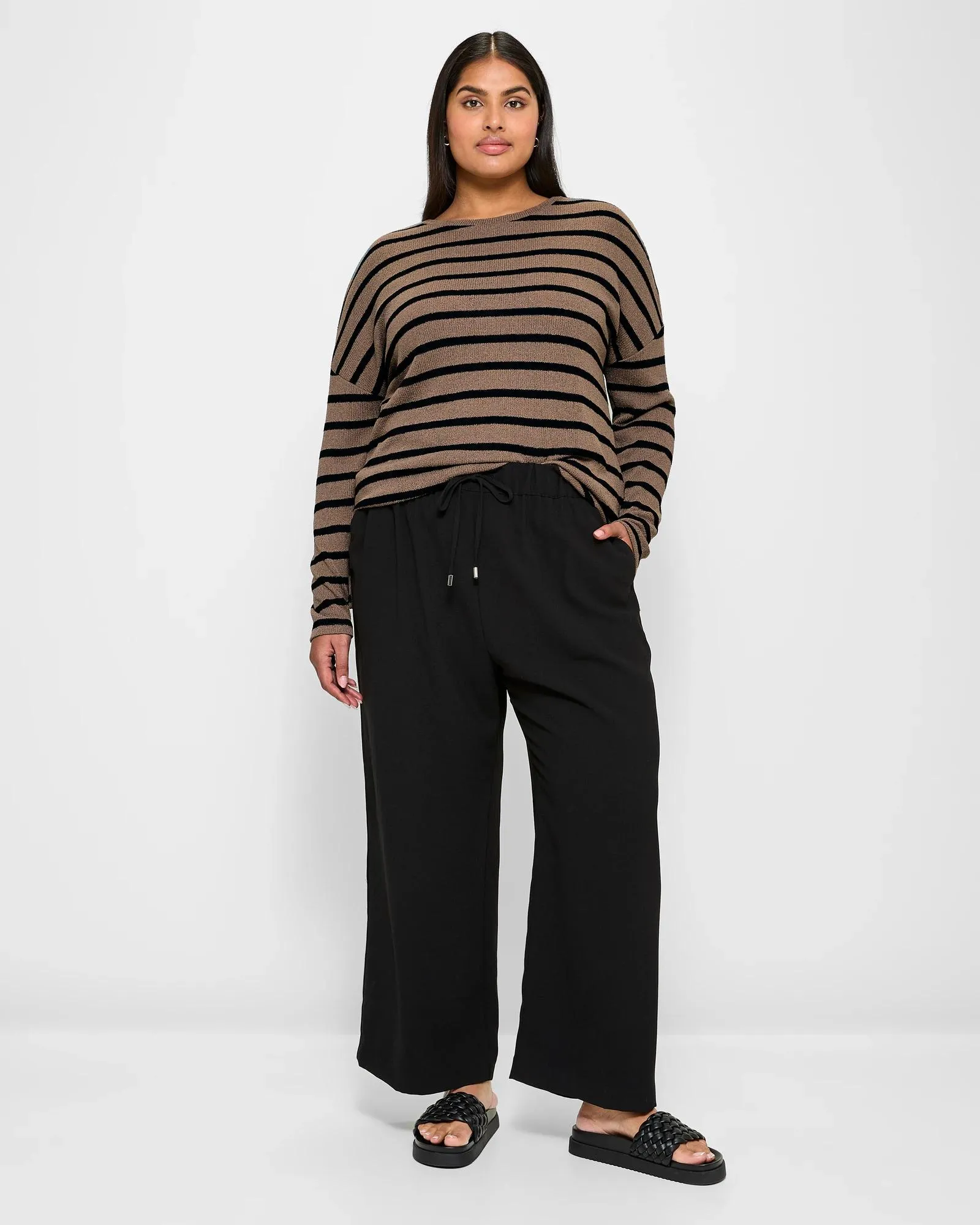 popular  Plus Size 3/4 Sleeve Textured Top - Mocha/Black Stripe