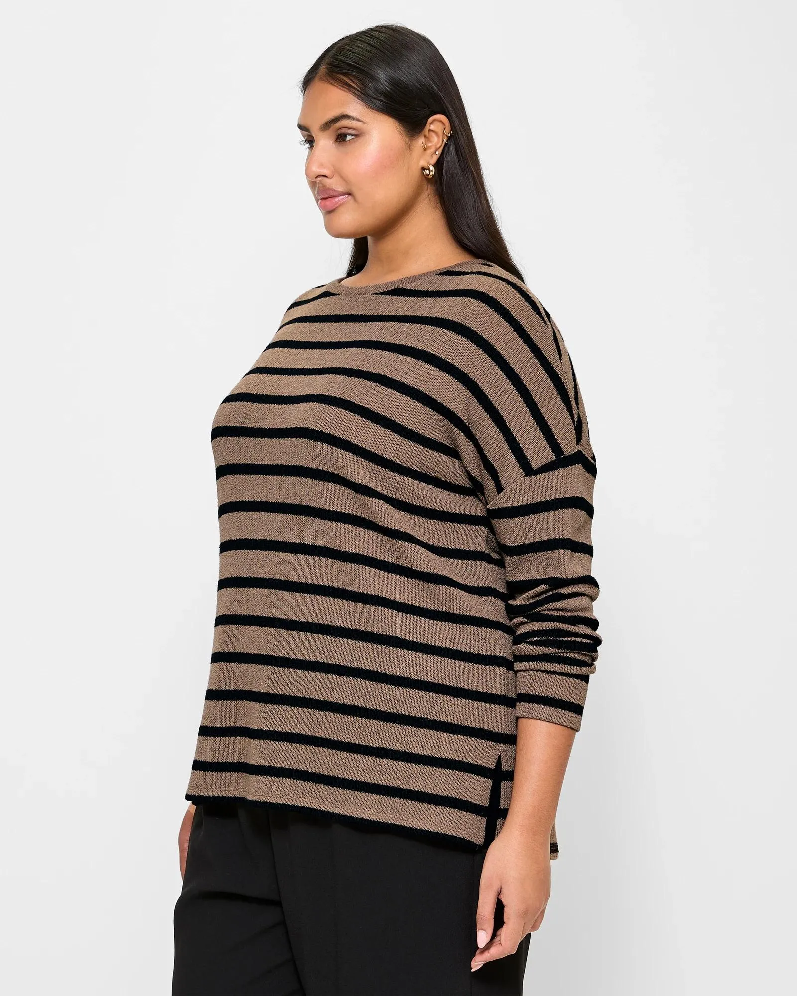 popular  Plus Size 3/4 Sleeve Textured Top - Mocha/Black Stripe